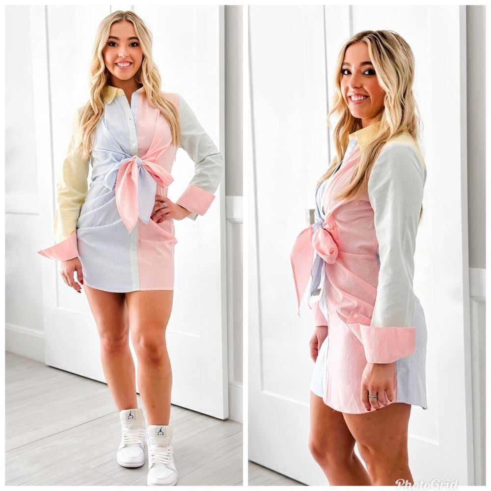 Mable Stripes Colorblock Button-Up ShirtDress Mini Dress with Tie Waist